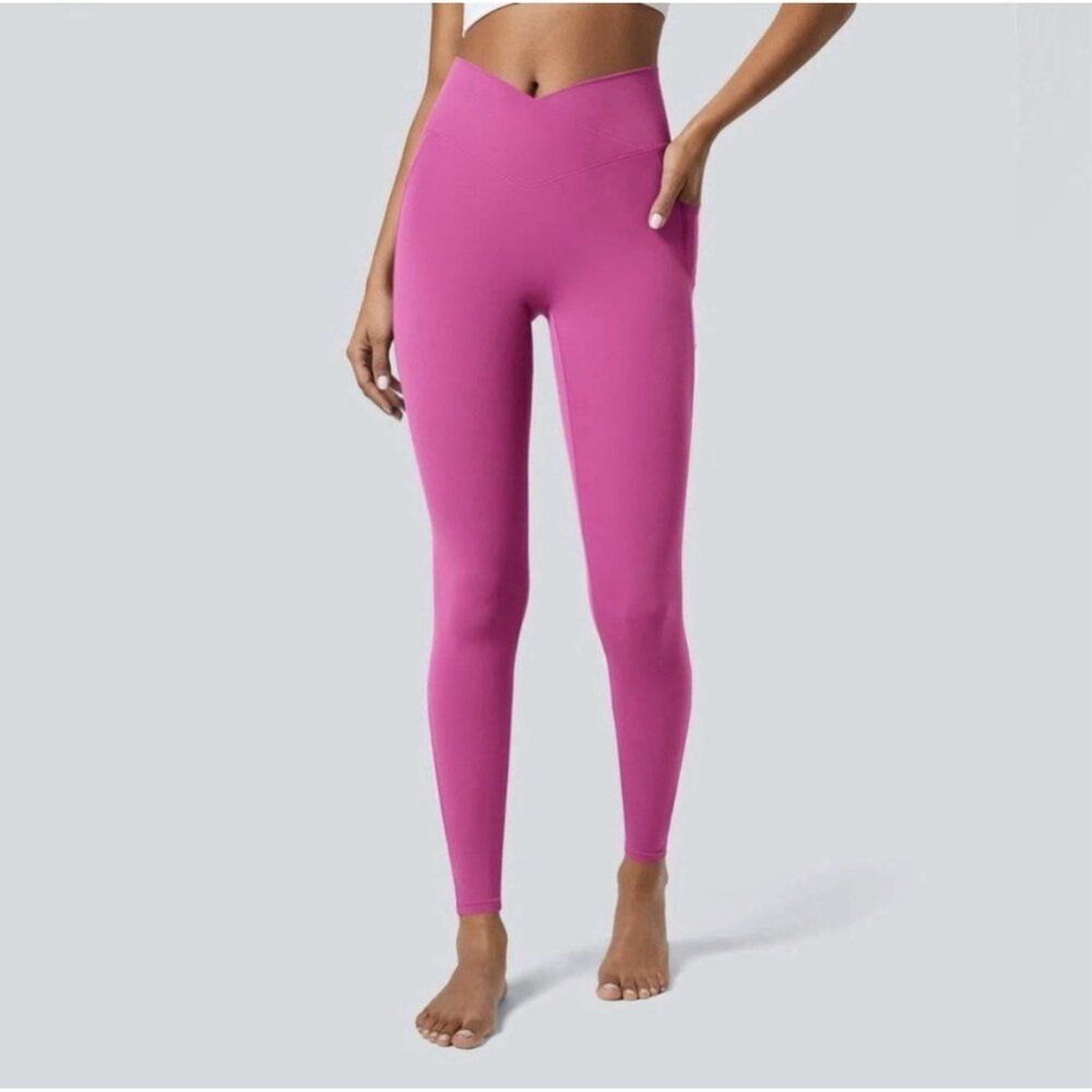 High Waist Crossover Side Pocket Pink Butt Contour Athletic Leggings Small